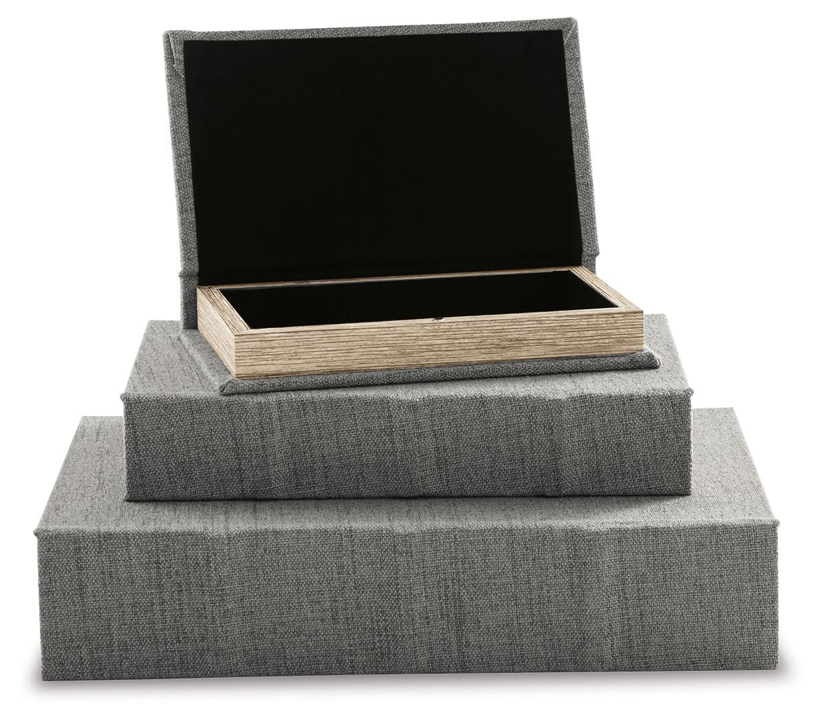 Gray fabric keepsake box set with open lid and light wood inner tray