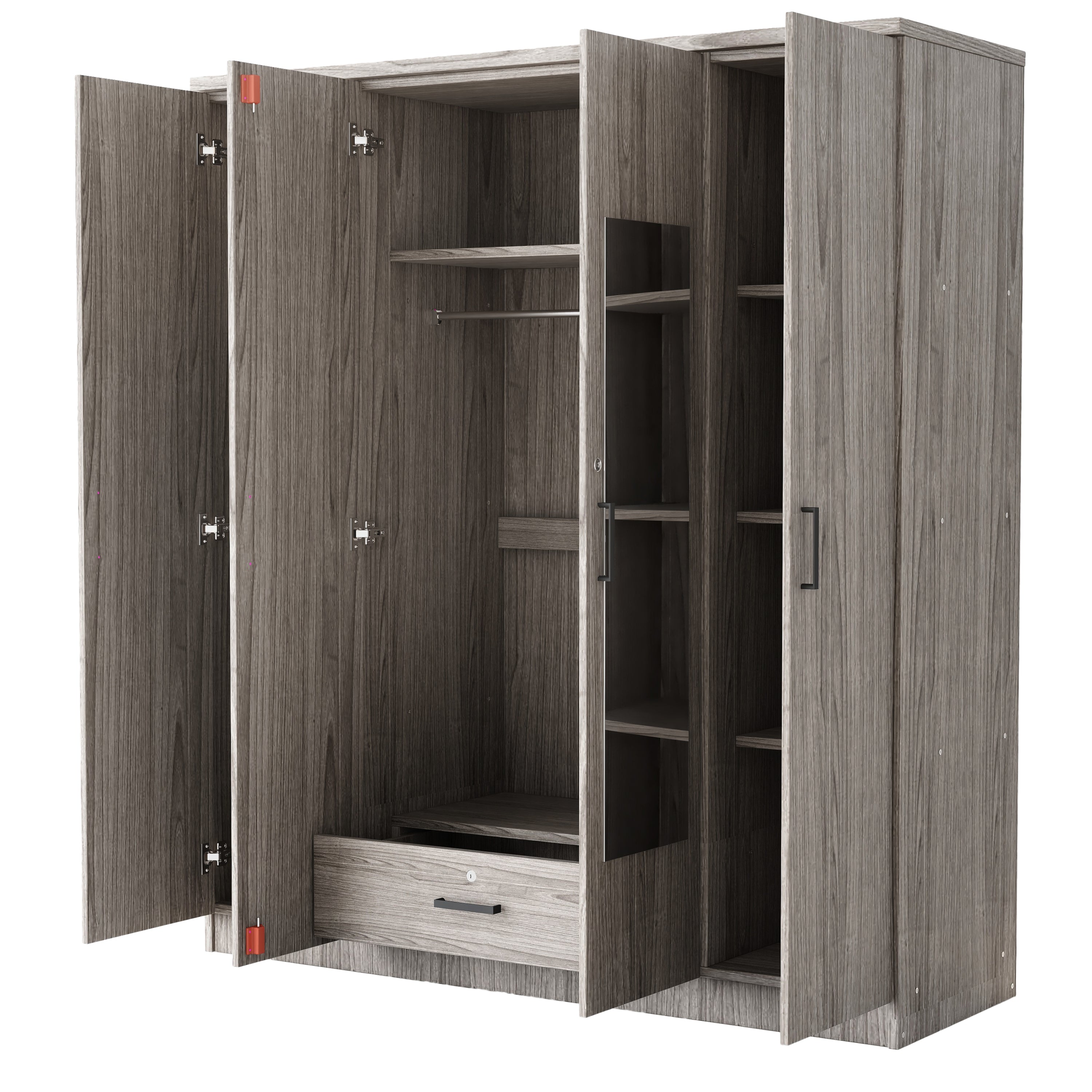 4-Door Mirrored Wardrobe Closet, Gray Shelves