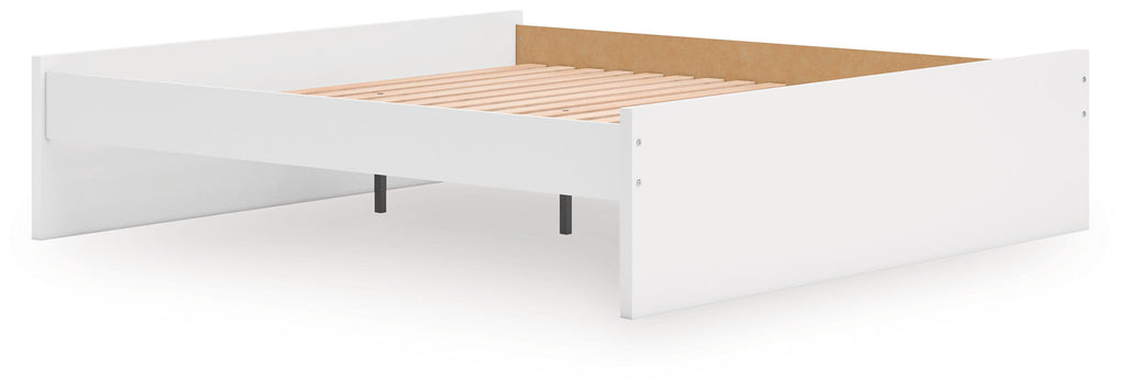 White platform bed frame with slatted base and two support legs under the side rails