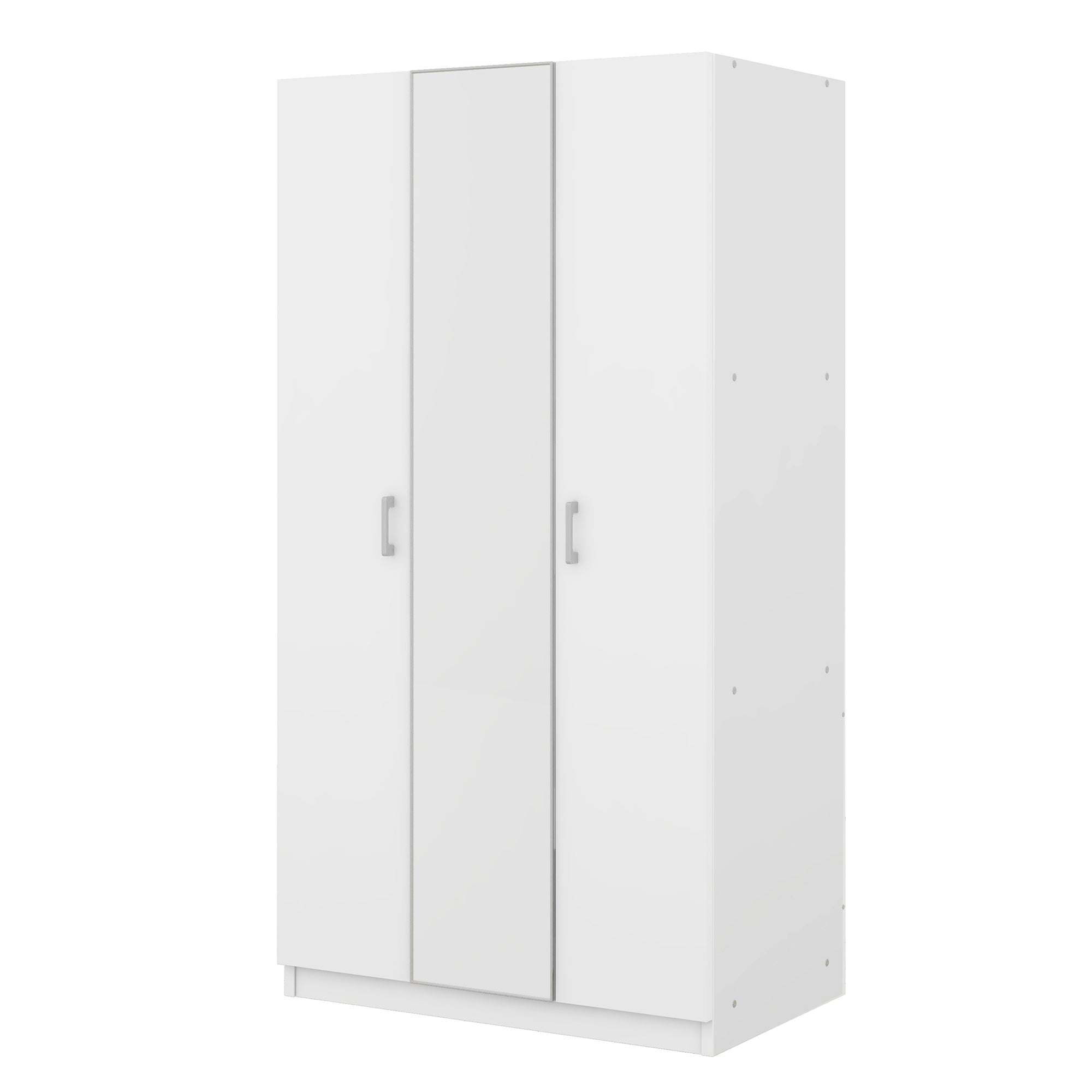 3 Door Wardrobe w/ Mirror, Hanging Rod, White