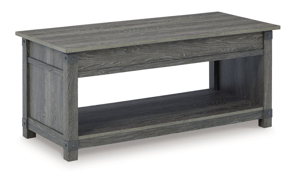 Grayish brown coffee table with open lower shelf and straight legs