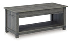 Grayish brown coffee table with open lower shelf and straight legs
