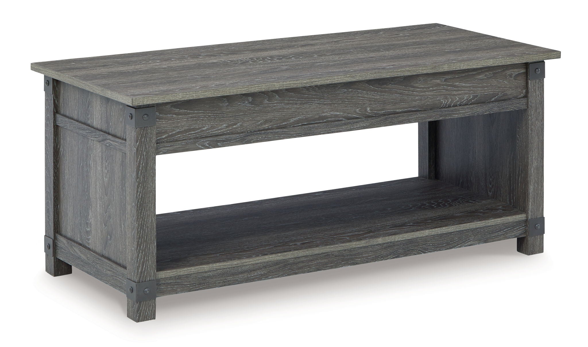 Grayish brown coffee table with open lower shelf and straight legs