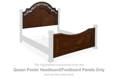 Queen poster headboard and footboard panels, dark brown carved wood with rounded top