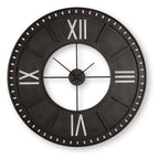 Antique brown wall clock with roman numerals, circular white center, and black hands