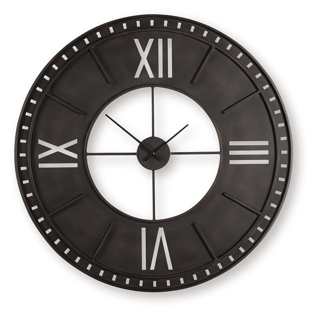 Antique brown wall clock with roman numerals, circular white center, and black hands