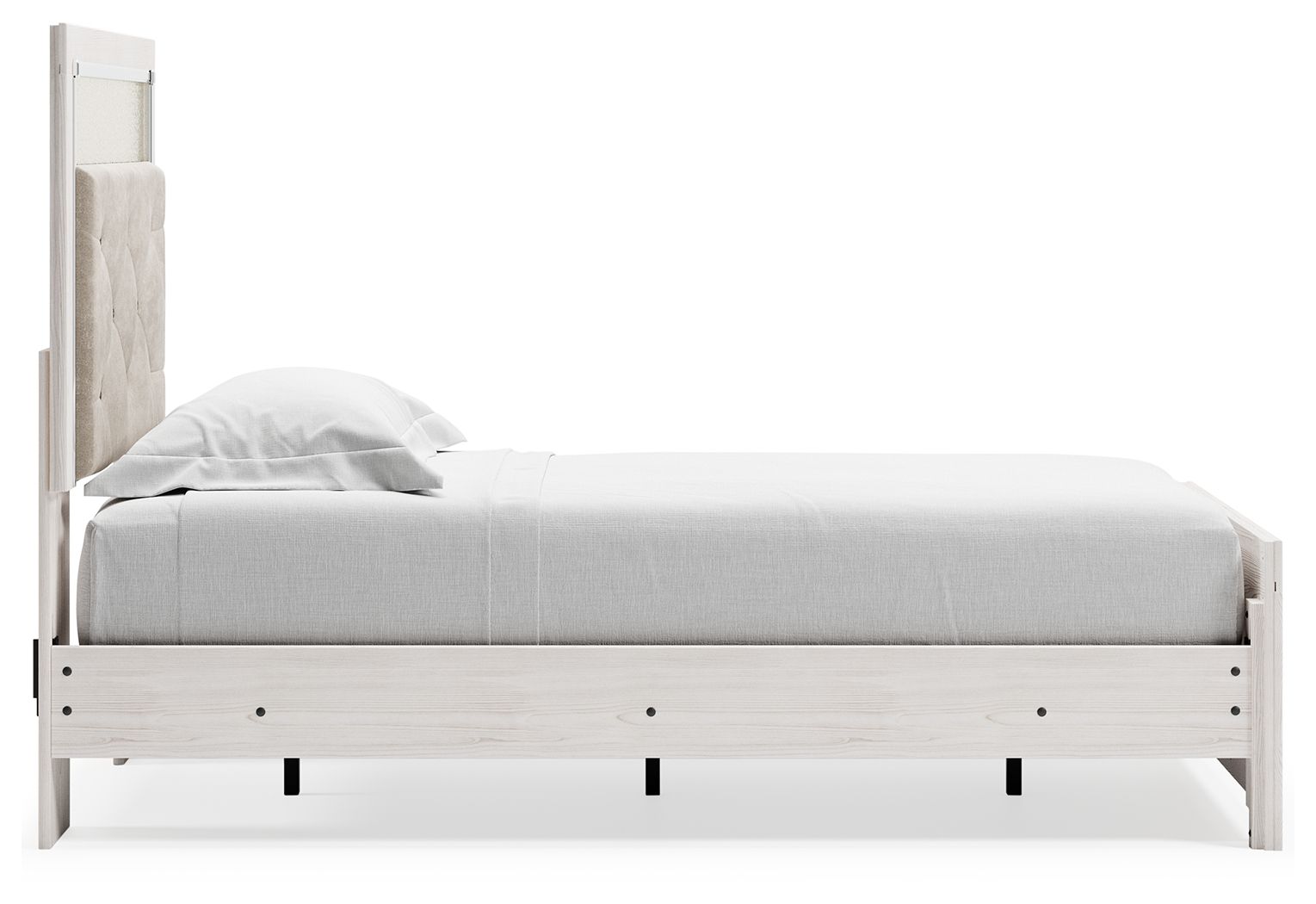 White panel bed with light gray mattress and open side panel; footboard storage not visible.