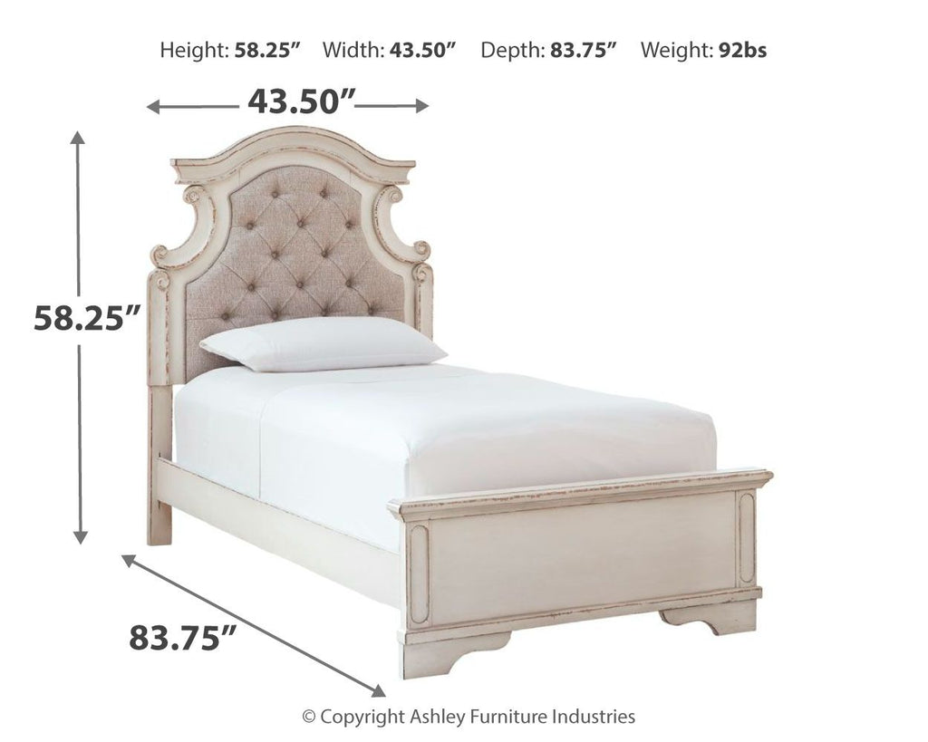 Panel bed with tufted upholstered headboard, white wood frame and footboard