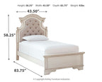 Panel bed with tufted upholstered headboard, white wood frame and footboard