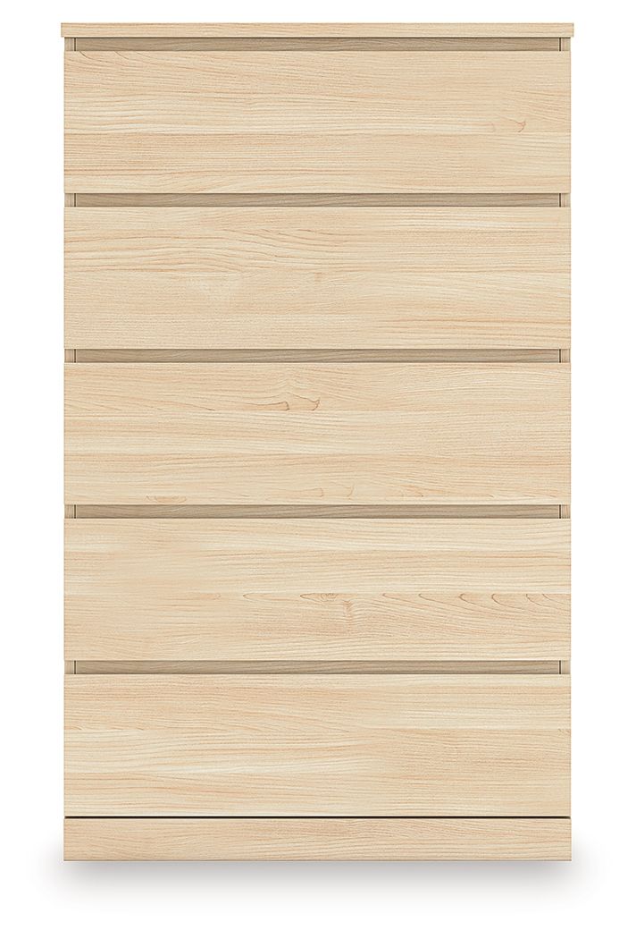Light brown five-drawer chest front panel with horizontal drawer lines and flat handles