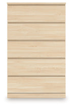 Light brown five-drawer chest front panel with horizontal drawer lines and flat handles