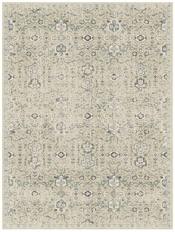 Beige vintage-style patterned rug with ornate geometric medallion design