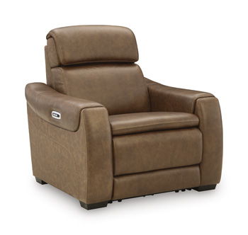 Saddle brown power recliner chair with adjustable headrest, padded armrests and base