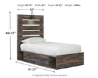 Dark wood panel bed with slatted headboard, two drawer fronts, white mattress and pillows