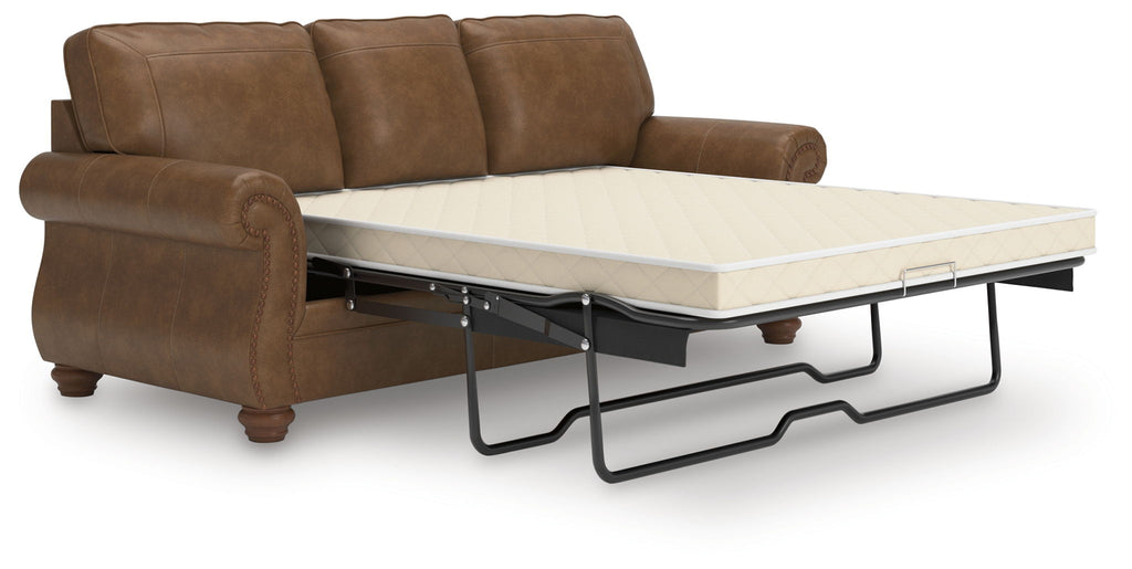 Dark brown sofa sleeper with pull-out mattress base and padded armrests