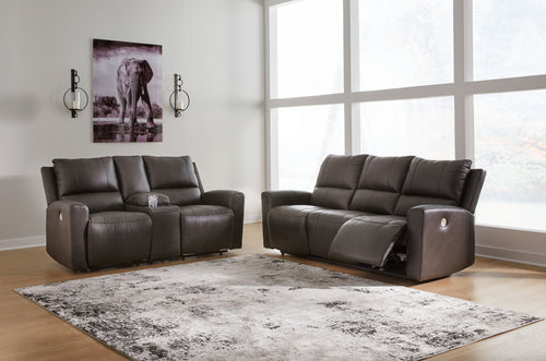 Boxmere dark brown power reclining sofa and loveseat with padded arms
