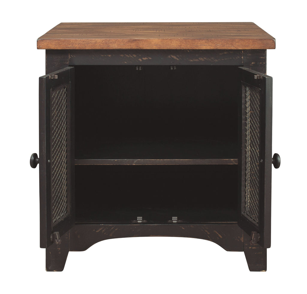 Rectangular end table with wire-mesh doors open to shelf interior, wood tabletop