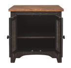Rectangular end table with wire-mesh doors open to shelf interior, wood tabletop