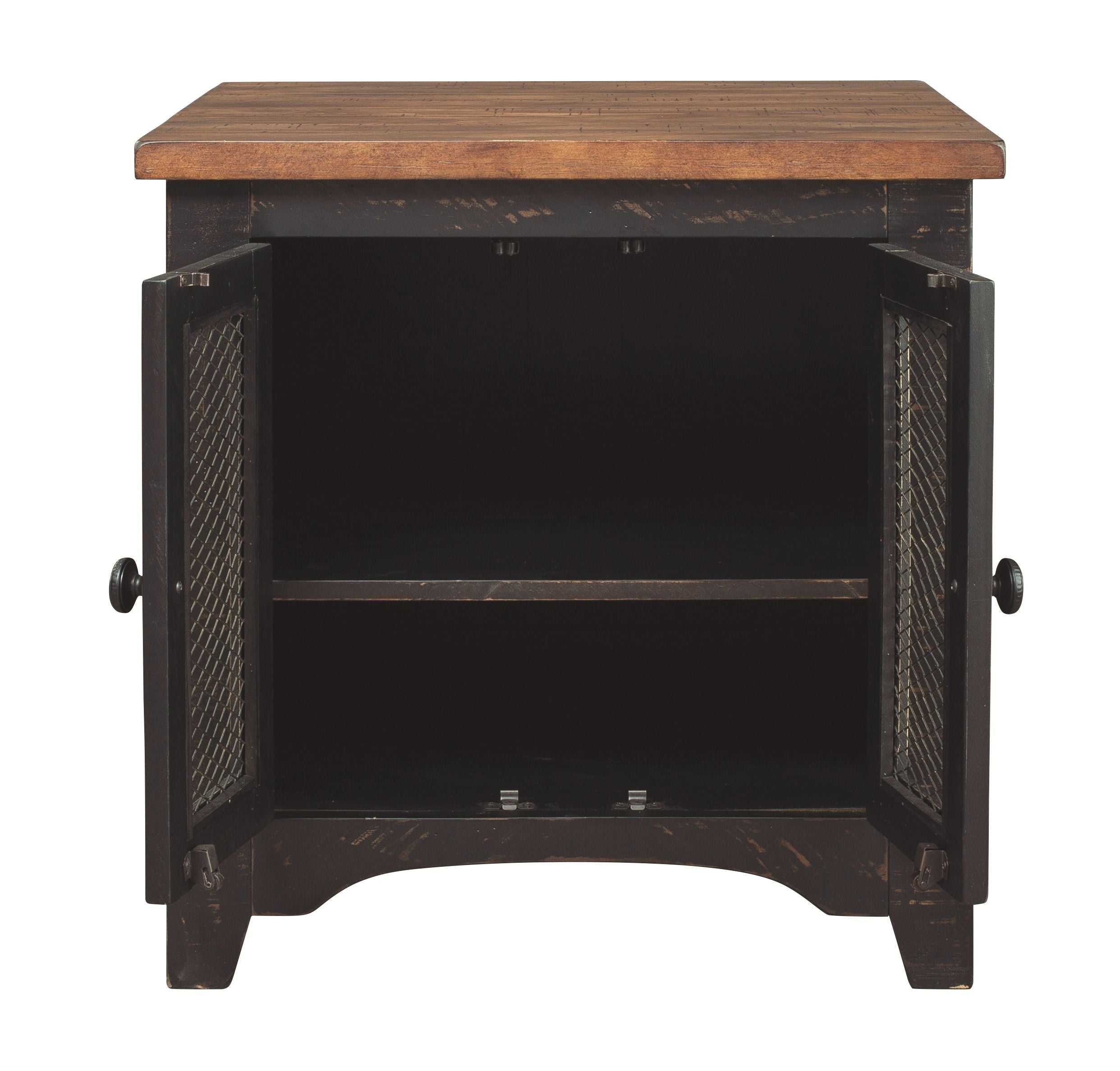 Rectangular end table with wire-mesh doors open to shelf interior, wood tabletop