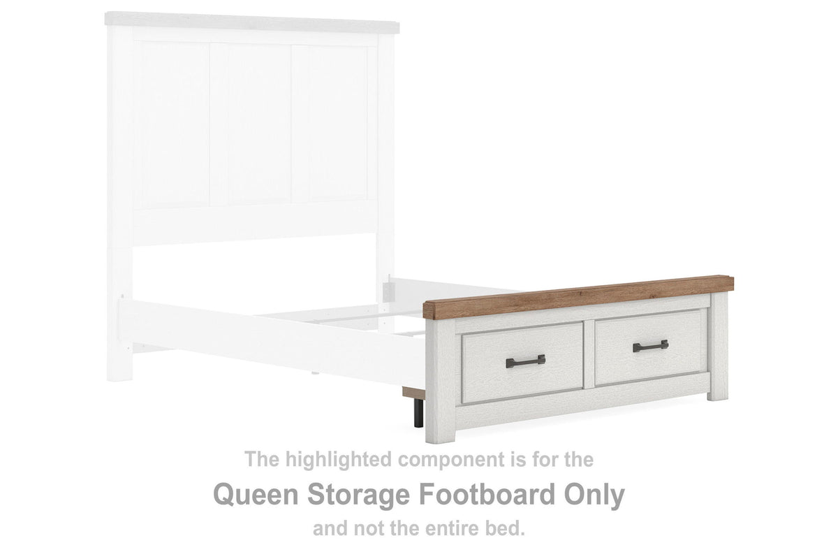 Queen storage footboard with two drawers, white frame with brown top rail