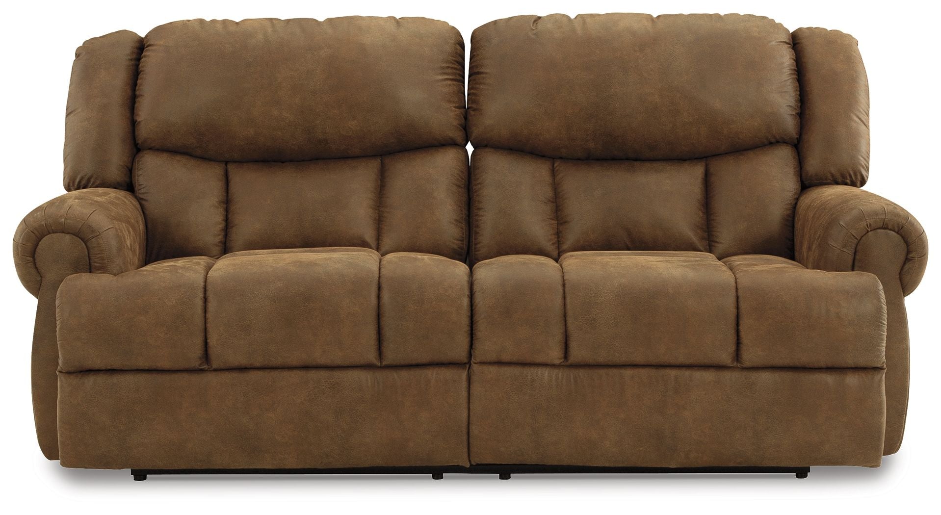 Reclining sofa loveseat with padded headrests and rounded armrests, brown upholstery