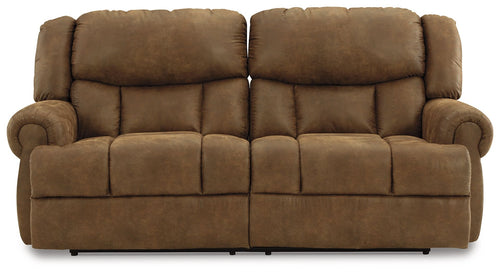 Reclining sofa loveseat with padded headrests and rounded armrests, brown upholstery
