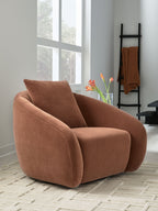 Brown swivel accent chair with rounded arms, plush seat, and curved backrest