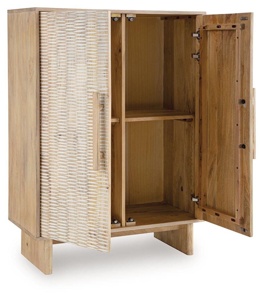 Natural wood accent cabinet with one door open, revealing shelves and woven panel