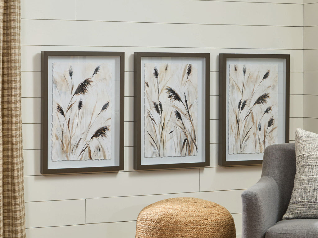 Set of 3 framed feather wall art prints, beige feathers with dark accents