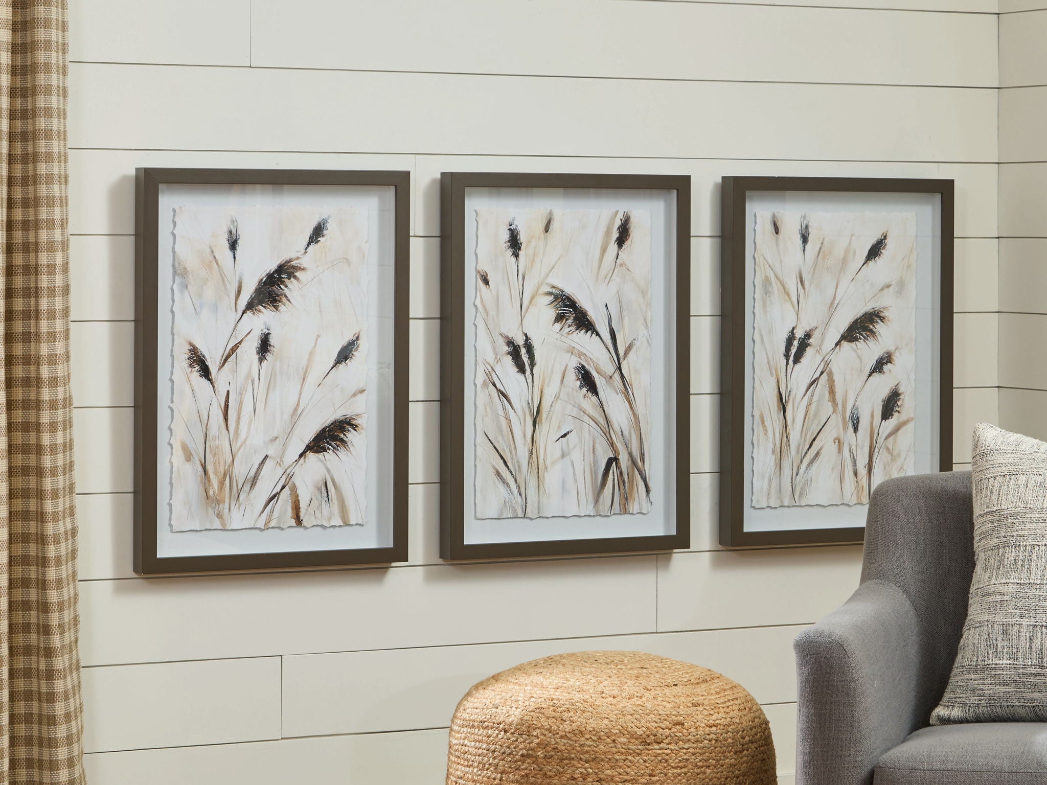 Set of 3 framed feather wall art prints, beige feathers with dark accents