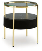 Accent table with speaker: black round base, clear glass top, gold metal legs