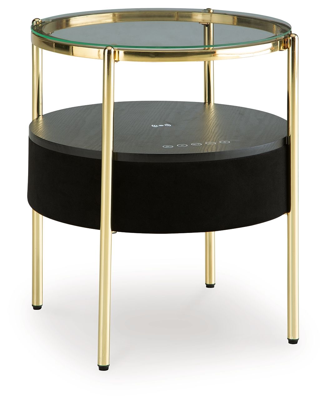 Accent table with speaker: black round base, clear glass top, gold metal legs
