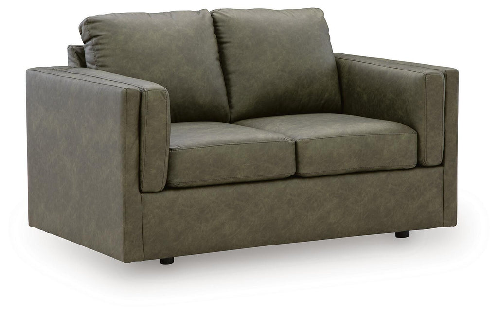 Olive green loveseat with boxy arms, two seat cushions, and padded backrest