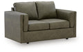 Olive green loveseat with boxy arms, two seat cushions, and padded backrest