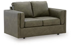 Olive green loveseat with boxy arms, two seat cushions, and padded backrest