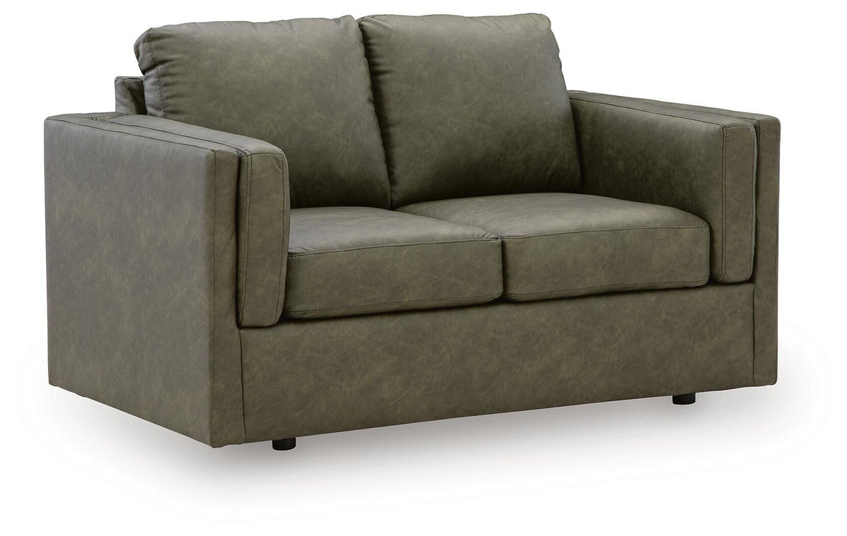 Olive green loveseat with boxy arms, two seat cushions, and padded backrest
