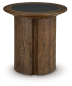Dontayne round table with dark top and dark brown wood panels on cylindrical base.