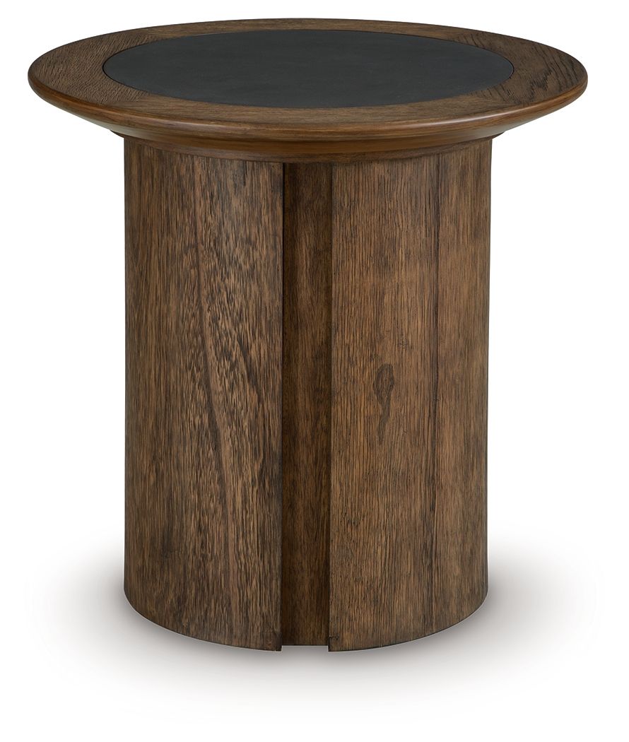Dontayne round table with dark top and dark brown wood panels on cylindrical base.