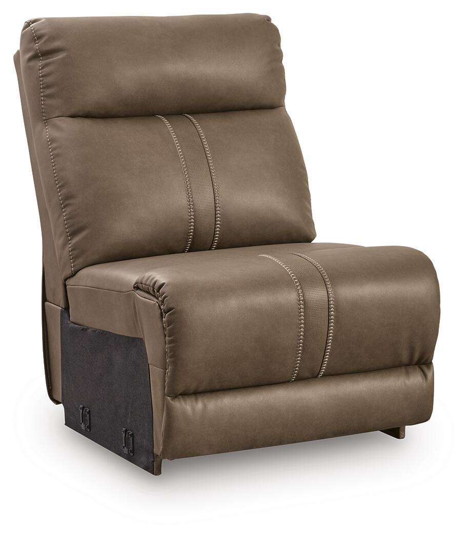 Armless cushioned chair in dark biscotti fabric with vertical stitched trim
