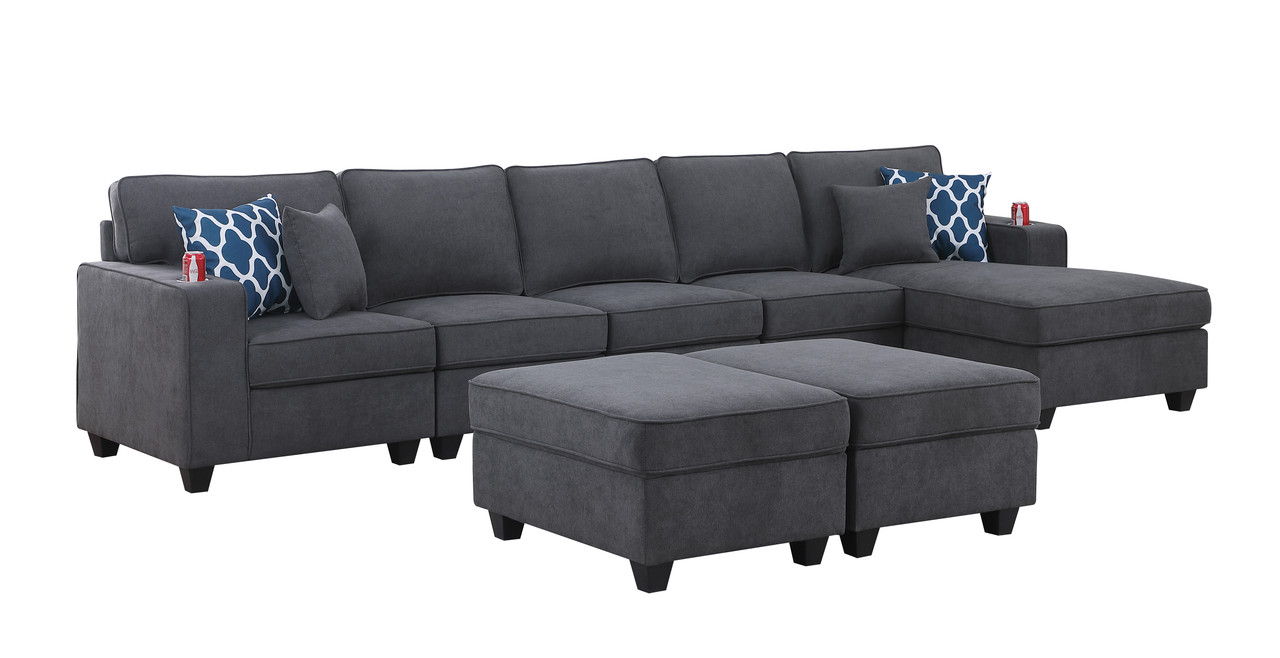 Cooper - Woven Fabric Sectional Sofa Chaise With 2 Ottomans And Cupholder - Stone Gray