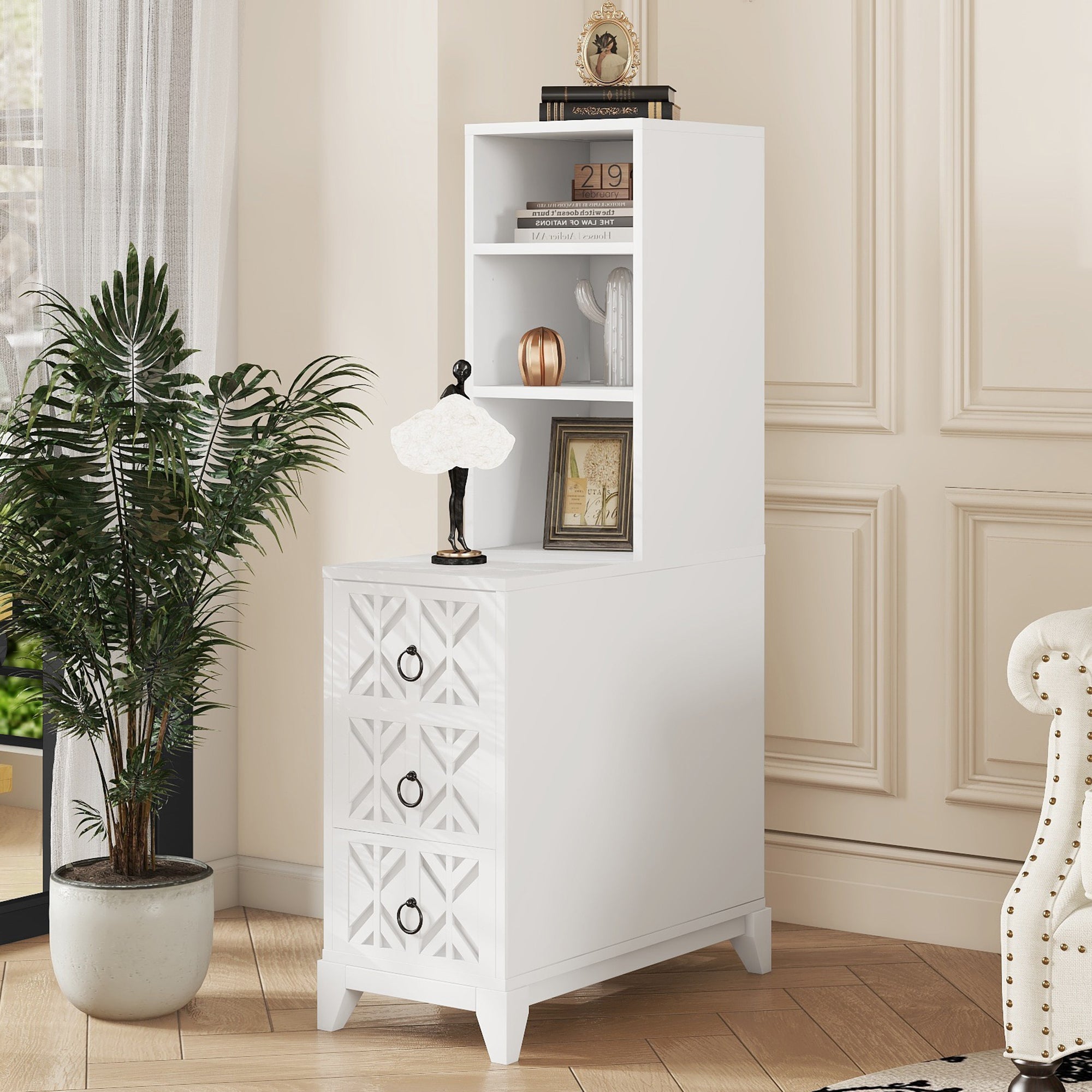 White Tall End Corner Side Table: 3 Drawers, 2 Open Shelves for Bedroom