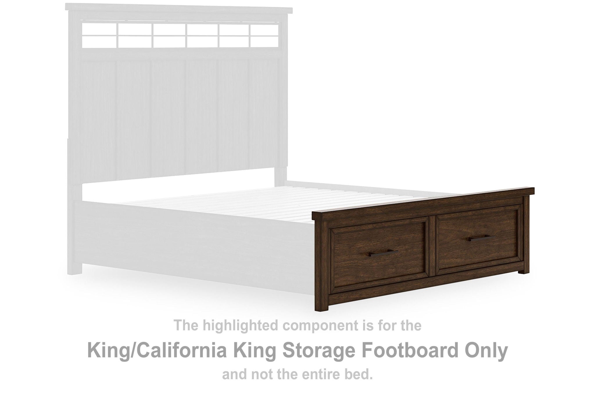 Medium brown wooden storage footboard with two drawers for King/Cal King beds