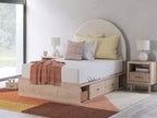 Beige upholstered panel bed with under-bed storage drawers and padded headboard