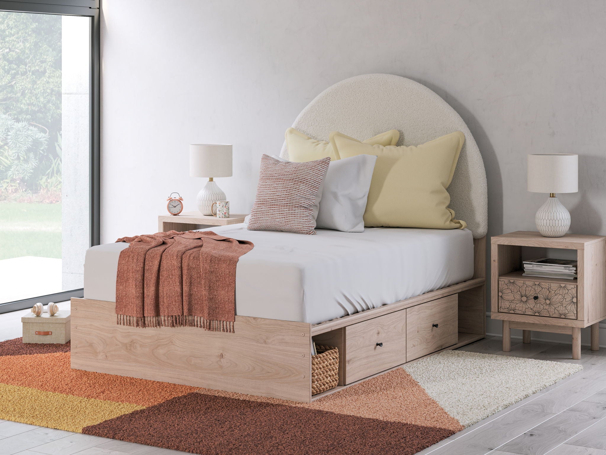 Beige upholstered panel bed with under-bed storage drawers and padded headboard