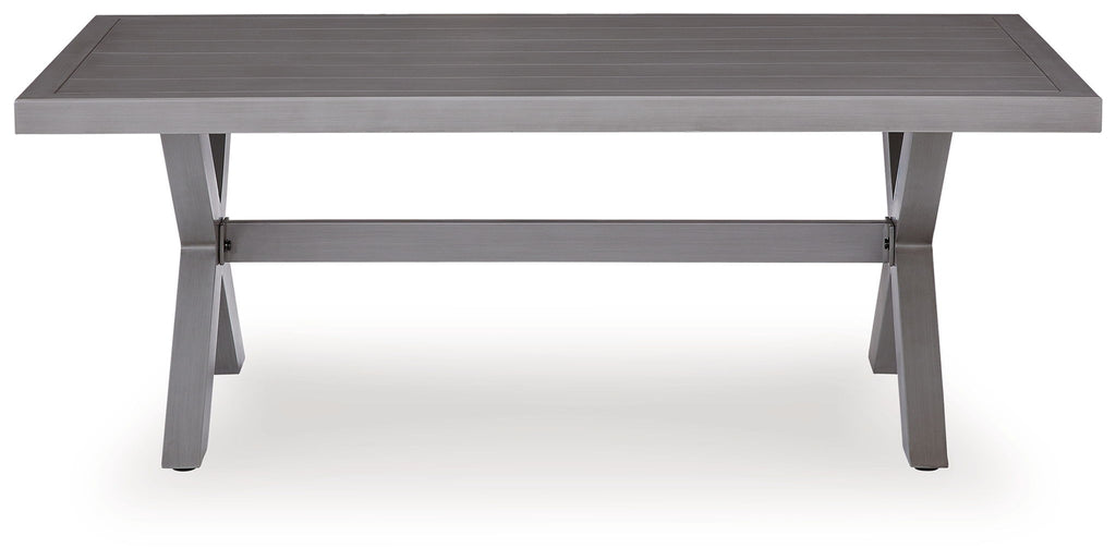 Gray rectangular cocktail table with slatted apron and four angled legs.