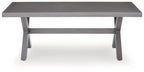Gray rectangular cocktail table with slatted apron and four angled legs.