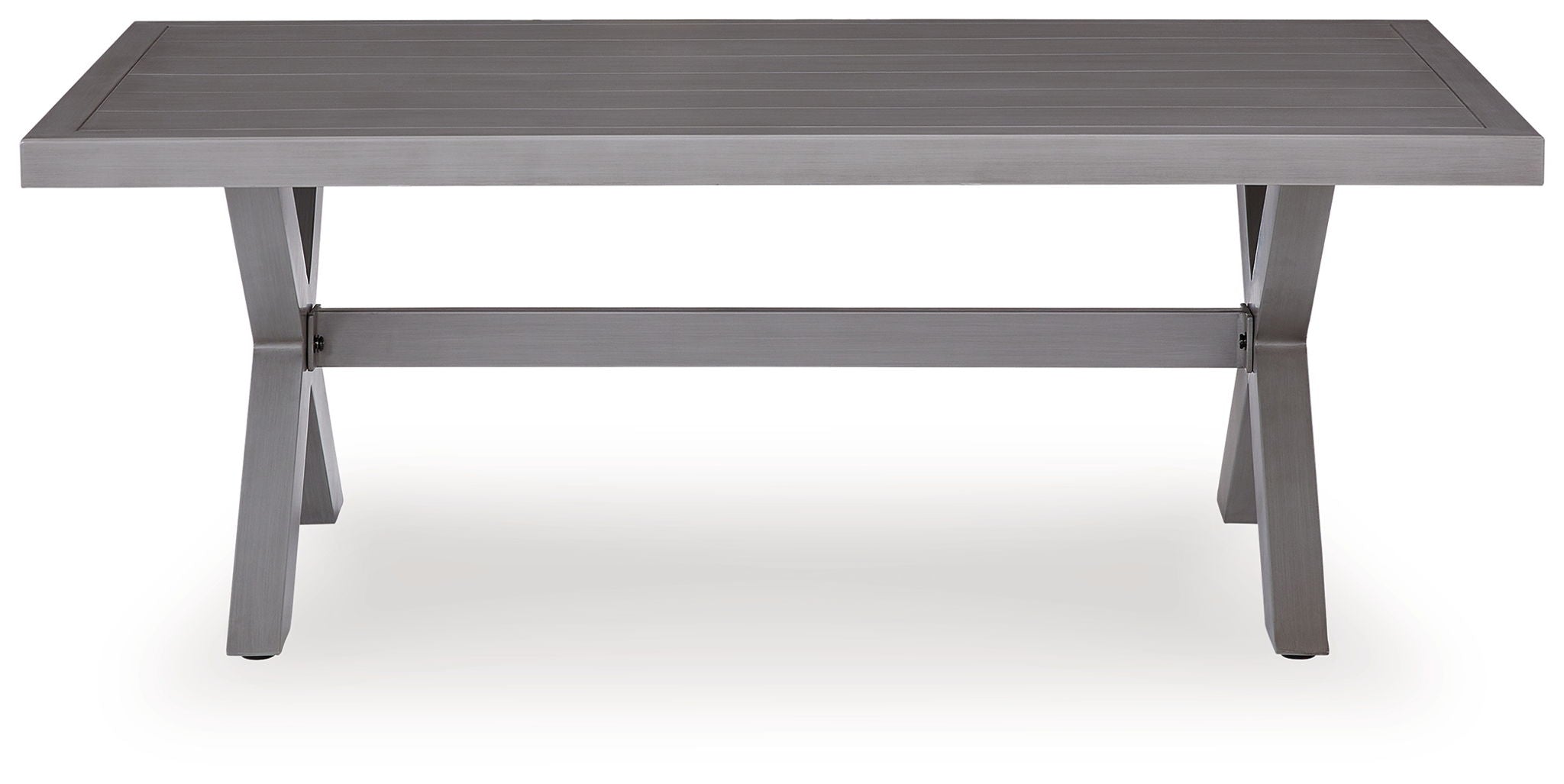 Gray rectangular cocktail table with slatted apron and four angled legs.