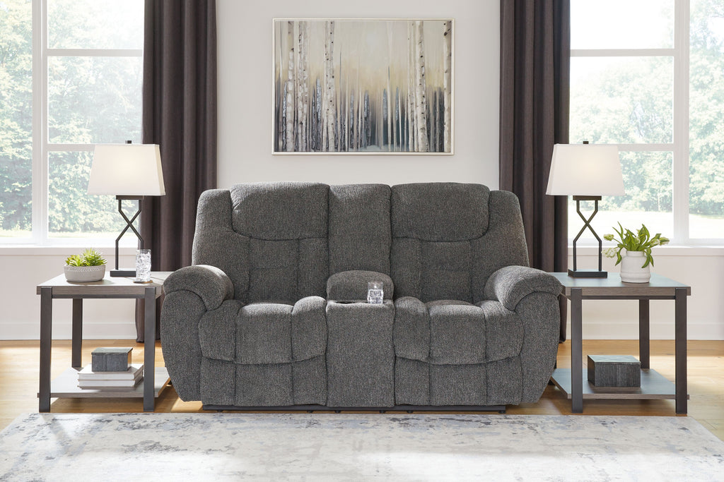 Charcoal reclining loveseat with console, plush back and padded seat cushions