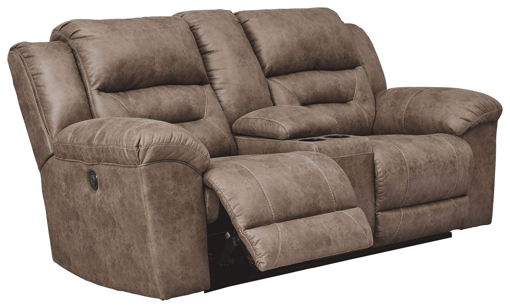 Stoneland power reclining loveseat in light brown, plush arms and reclining seat with footrest