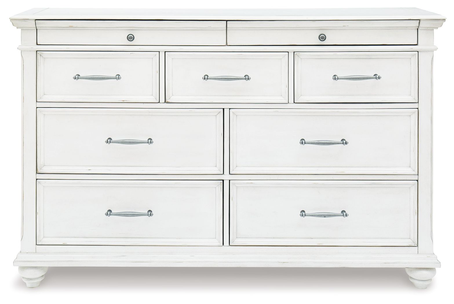 Whitewash dresser with three top drawers and six lower drawers, metal bar pulls